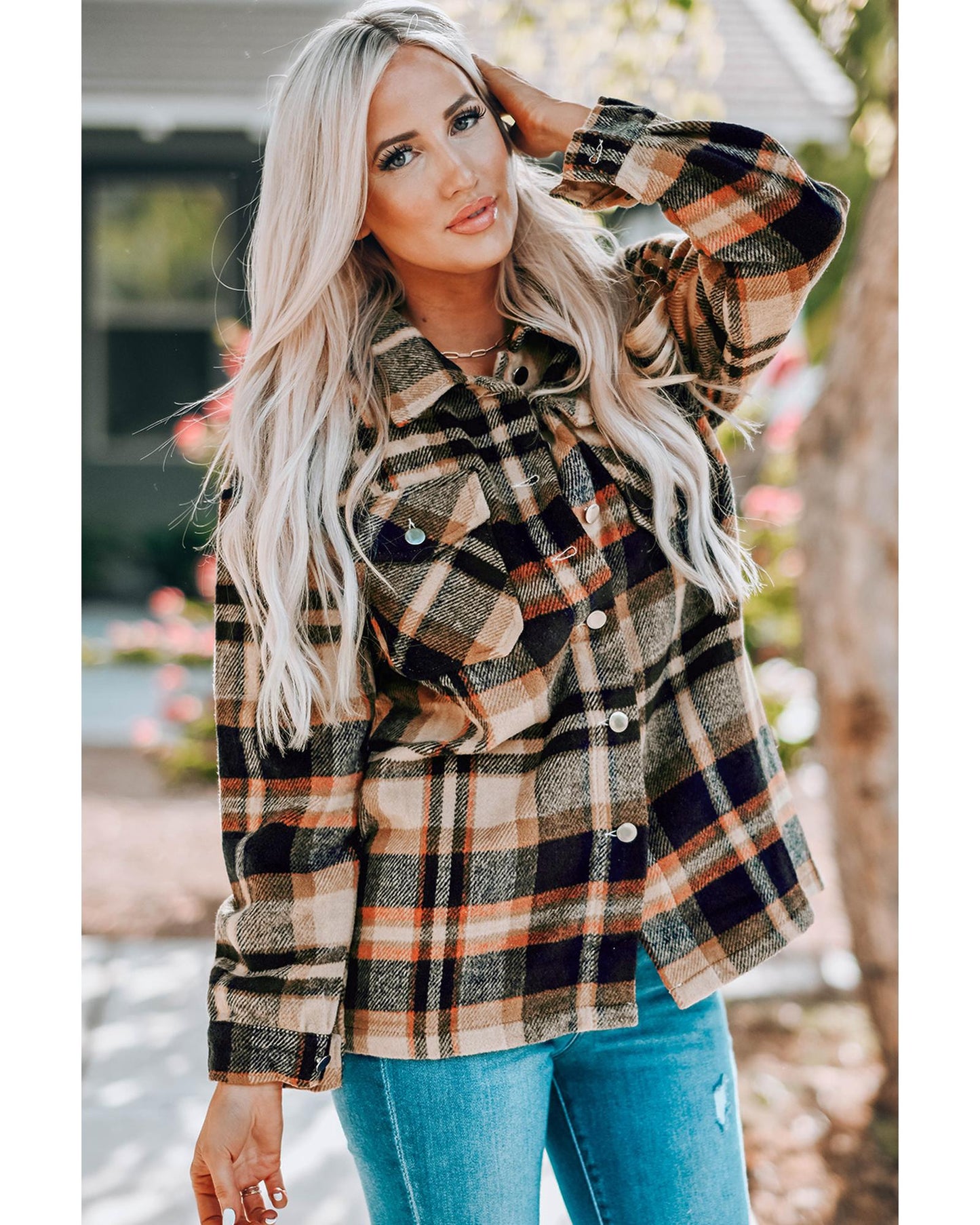 Geometric Plaid Print Pocketed Shacket