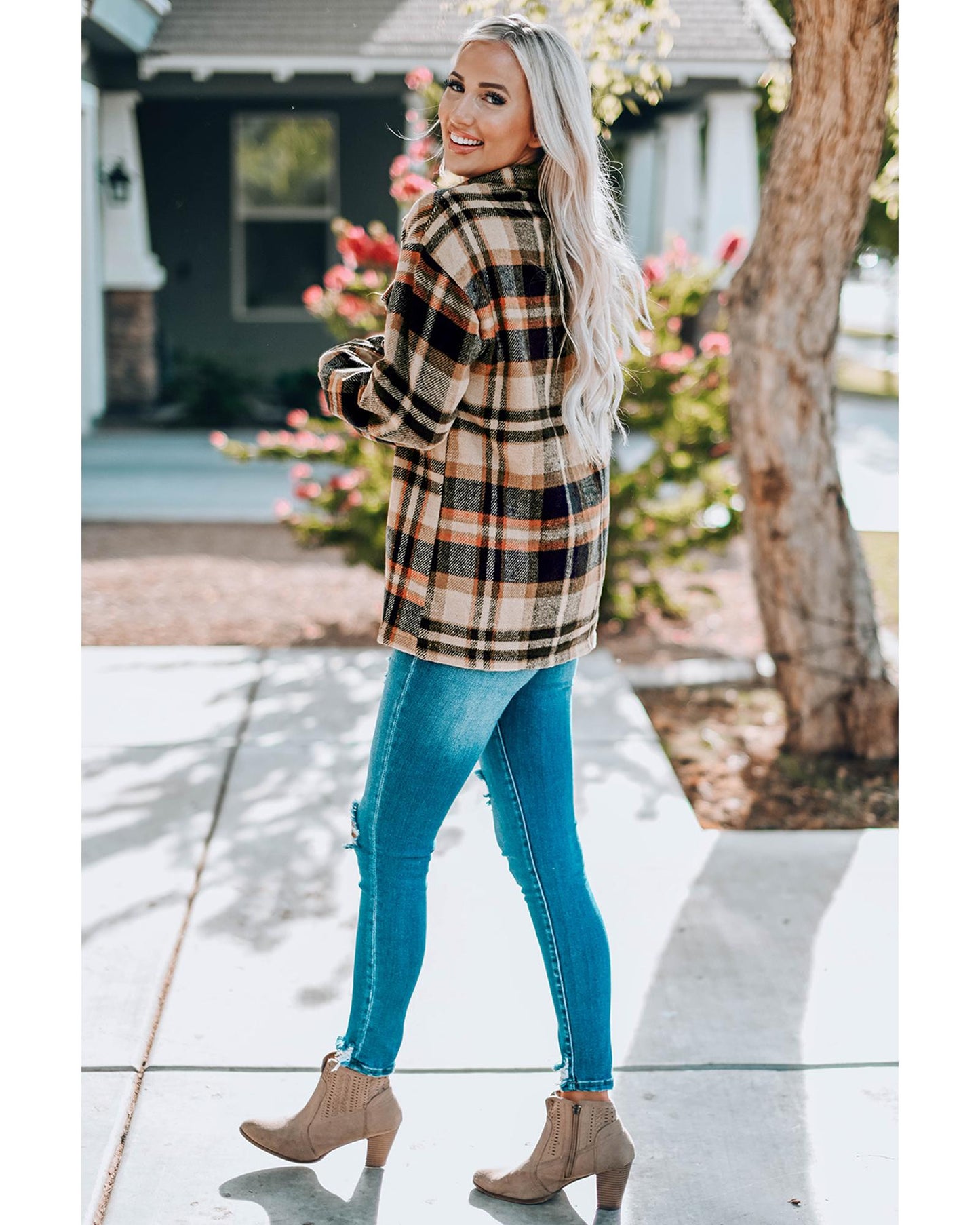 Orange Geometric Plaid Print Pocketed Shacket - S