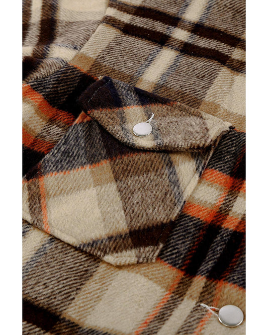 Orange Geometric Plaid Print Pocketed Shacket - S