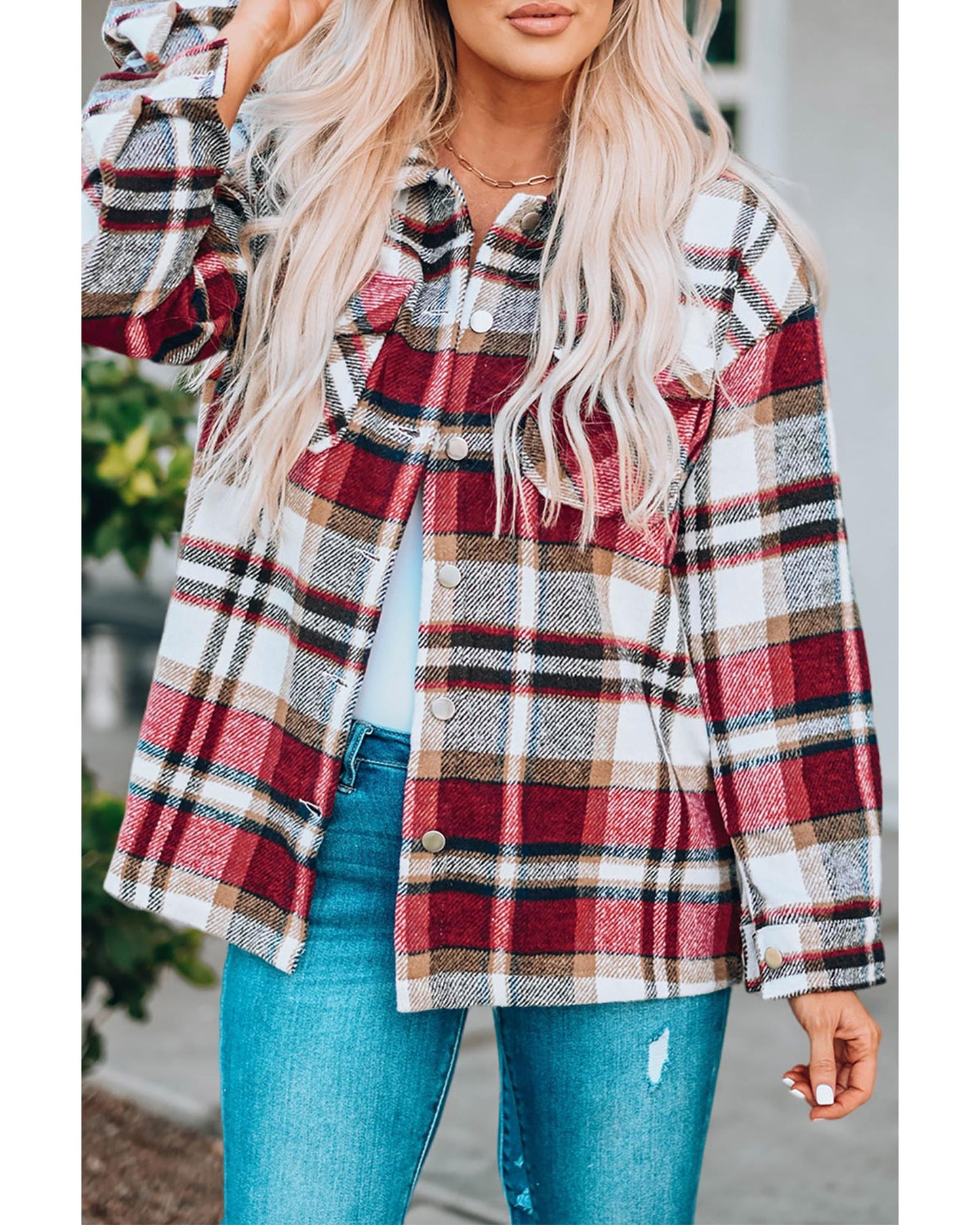 Geometric Plaid Print Pocketed Shacket