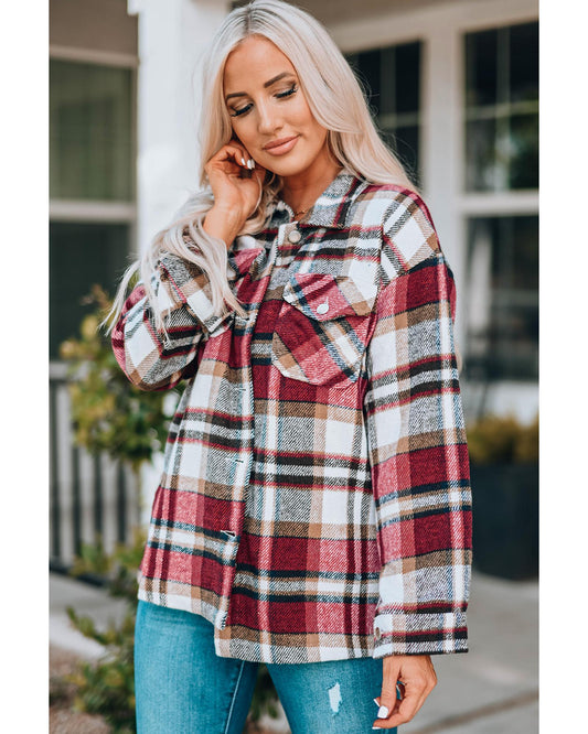 Geometric Plaid Print Pocketed Shacket