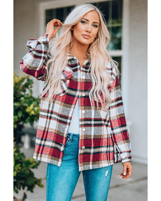 Geometric Plaid Print Pocketed Shacket