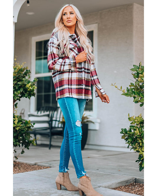 Azura Exchange Red Geometric Plaid Print Pocketed Shacket - XL