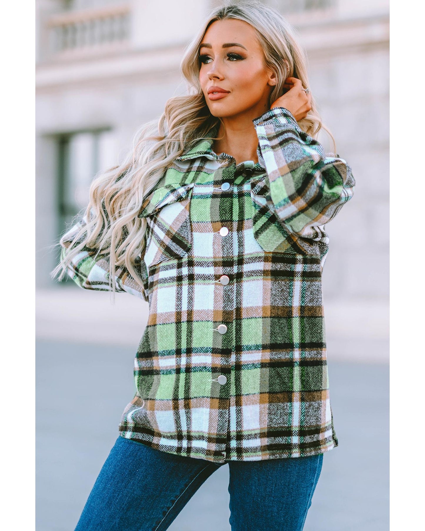 Geometric Plaid Print Pocketed Shacket