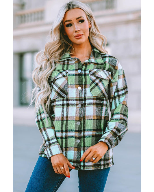 Geometric Plaid Print Pocketed Shacket