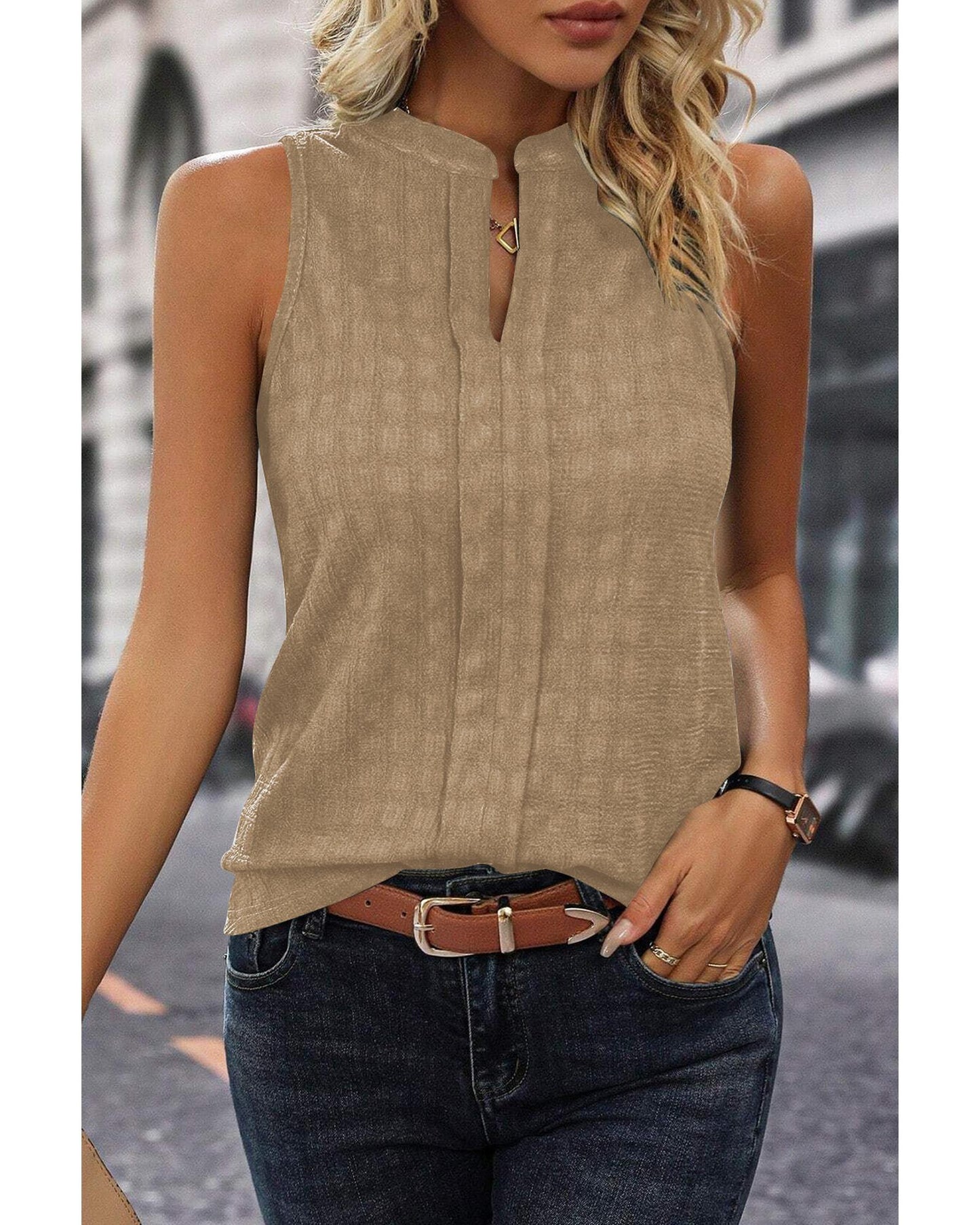 Lattice Textured Split Neck Tank Top