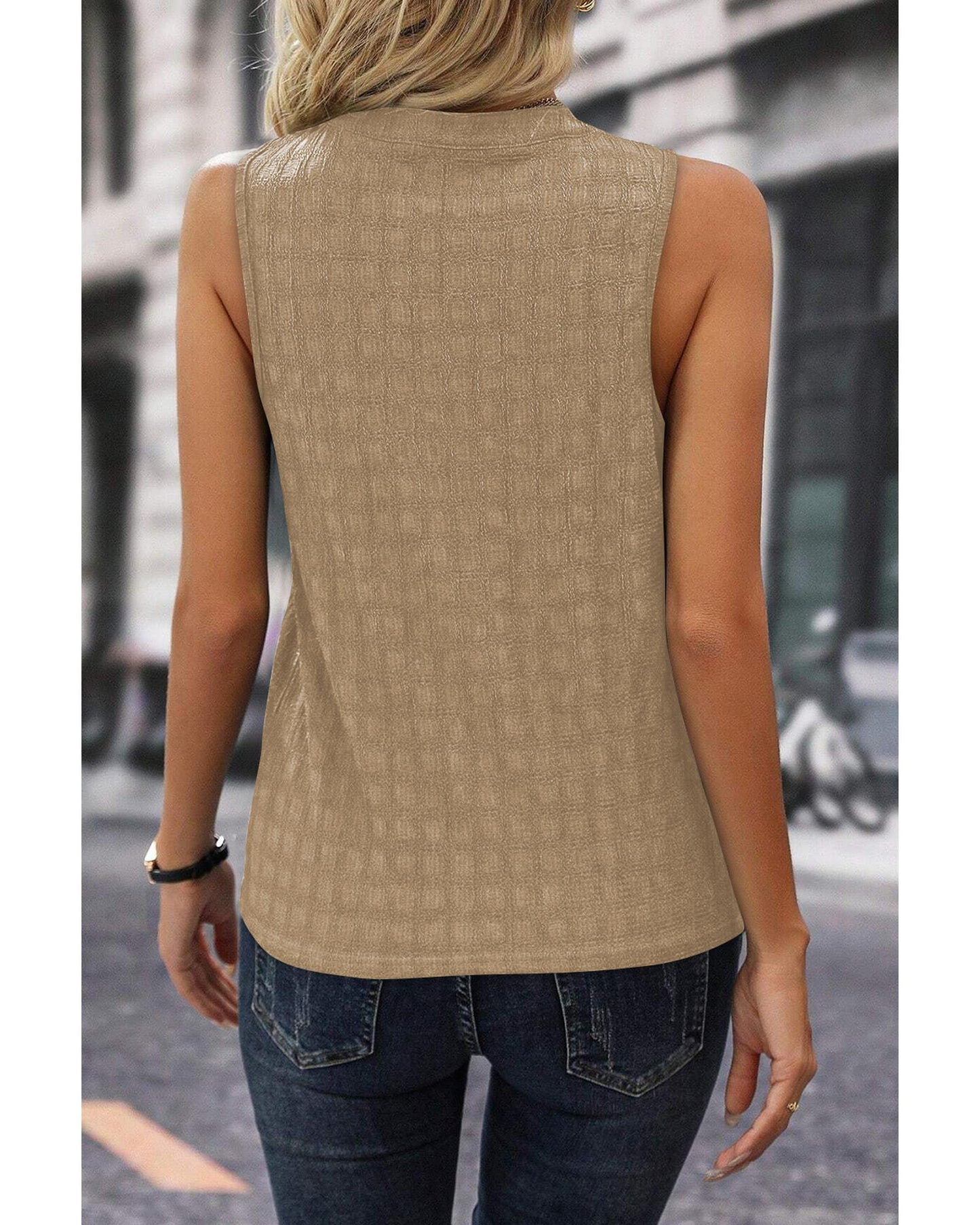 Lattice Textured Split Neck Tank Top