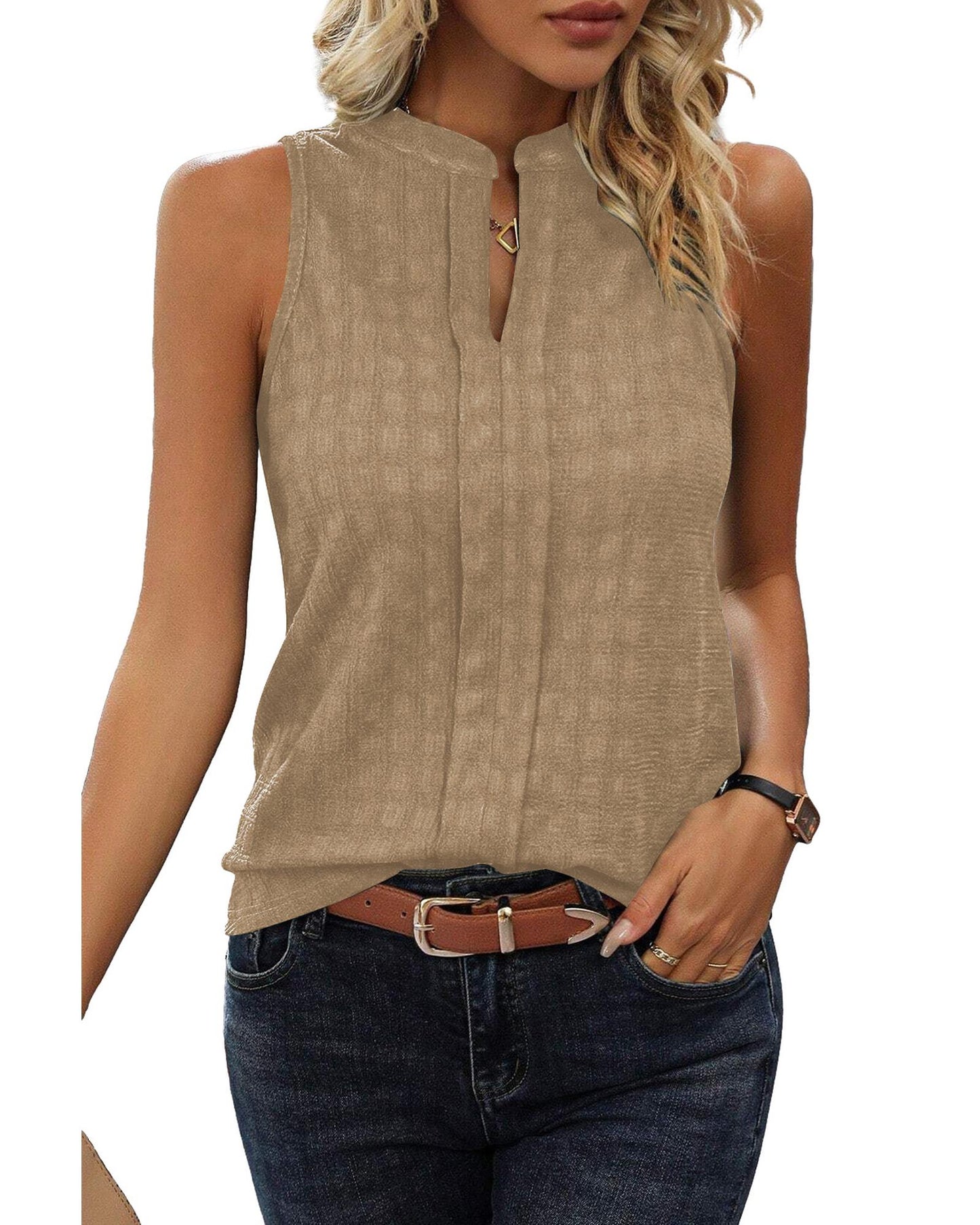 Lattice Textured Split Neck Tank Top