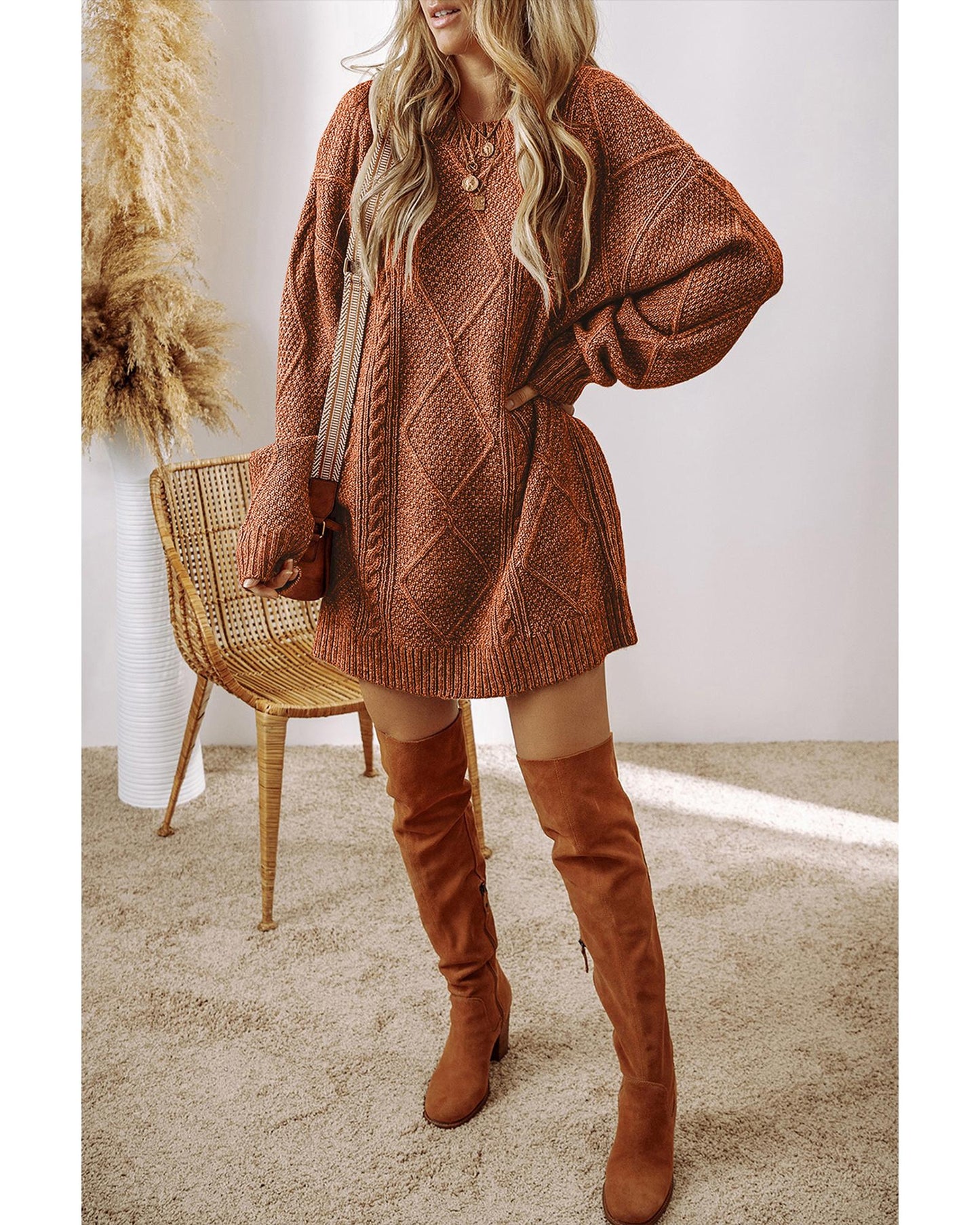 Coffee Cable Knit Drop Shoulder Loose Fit Sweater Dress - L