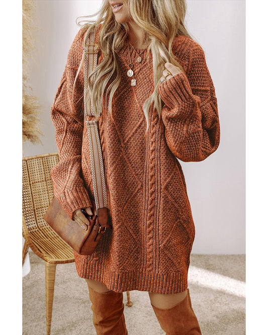 Coffee Cable Knit Drop Shoulder Loose Fit Sweater Dress - L