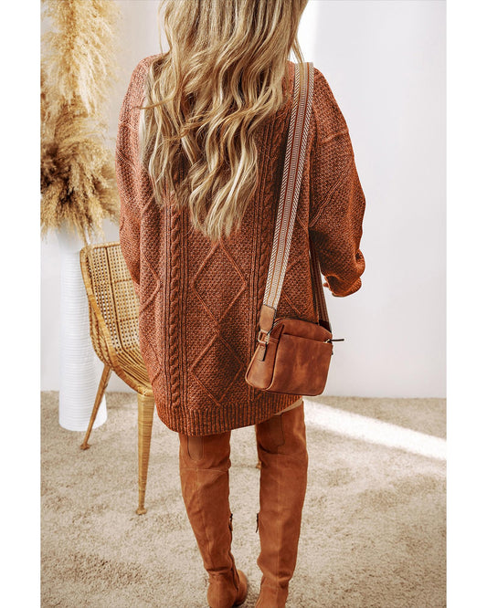 Coffee Cable Knit Drop Shoulder Loose Fit Sweater Dress - L