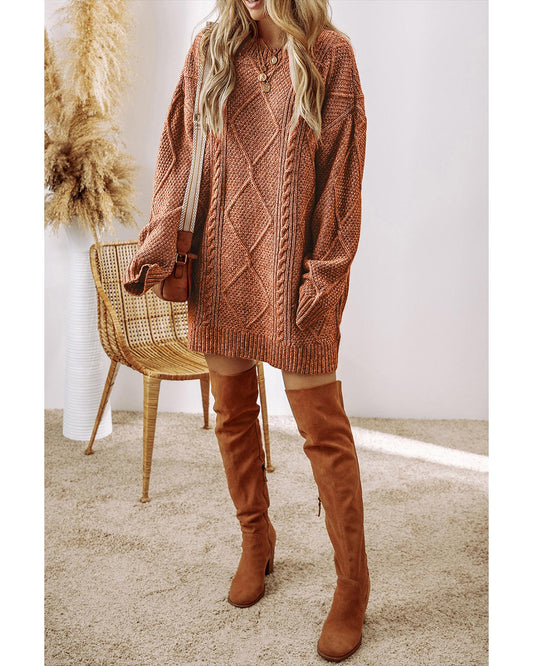 Coffee Cable Knit Drop Shoulder Loose Fit Sweater Dress - L