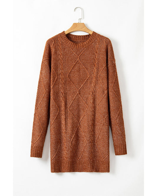 Coffee Cable Knit Drop Shoulder Loose Fit Sweater Dress - L