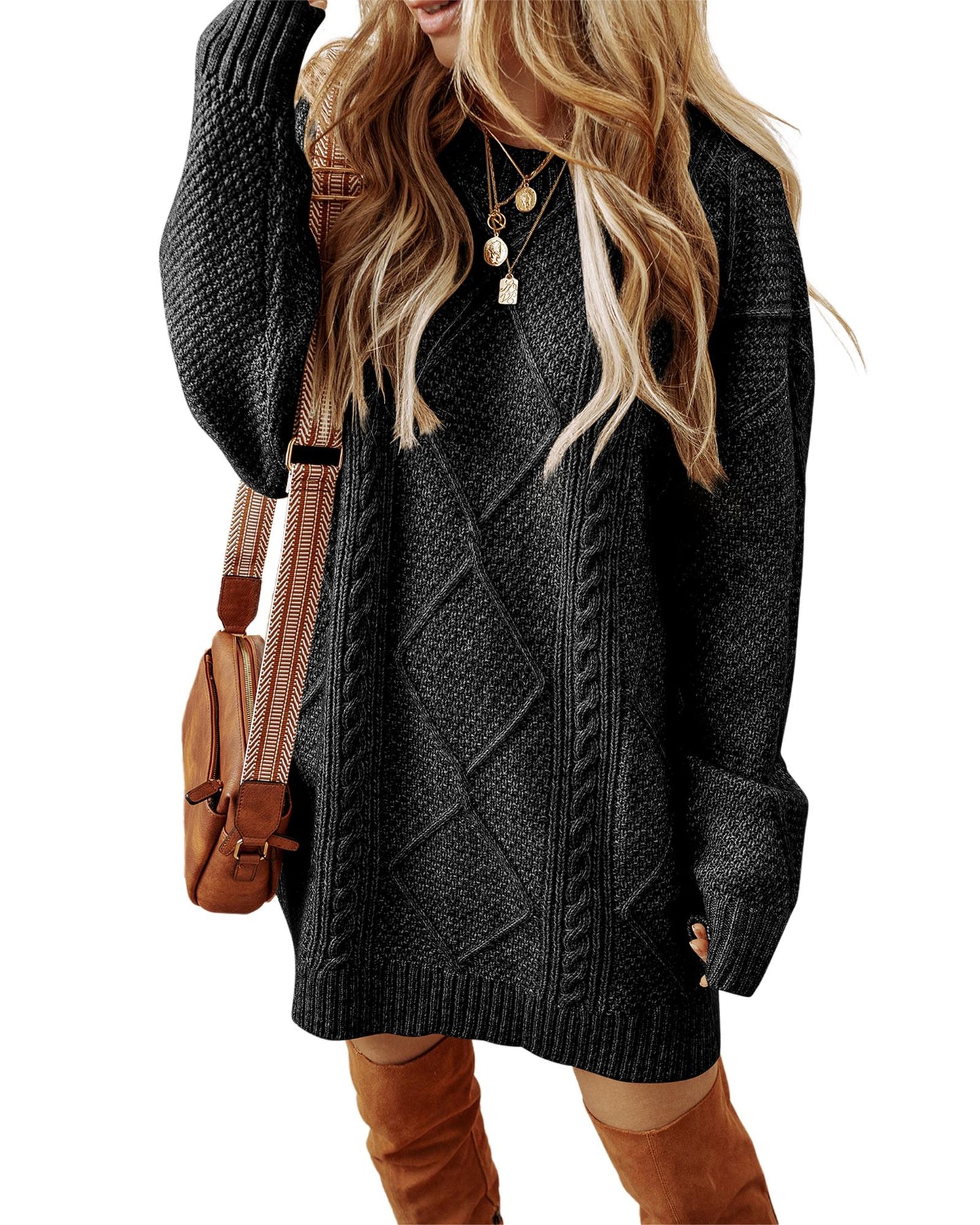 Black Cable Knit Drop Shoulder Loose Fit Sweater Dress - L