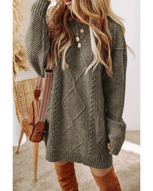 Coffee Cable Knit Drop Shoulder Loose Fit Sweater Dress - L