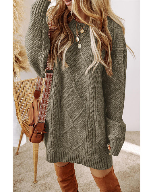 Coffee Cable Knit Drop Shoulder Loose Fit Sweater Dress - L