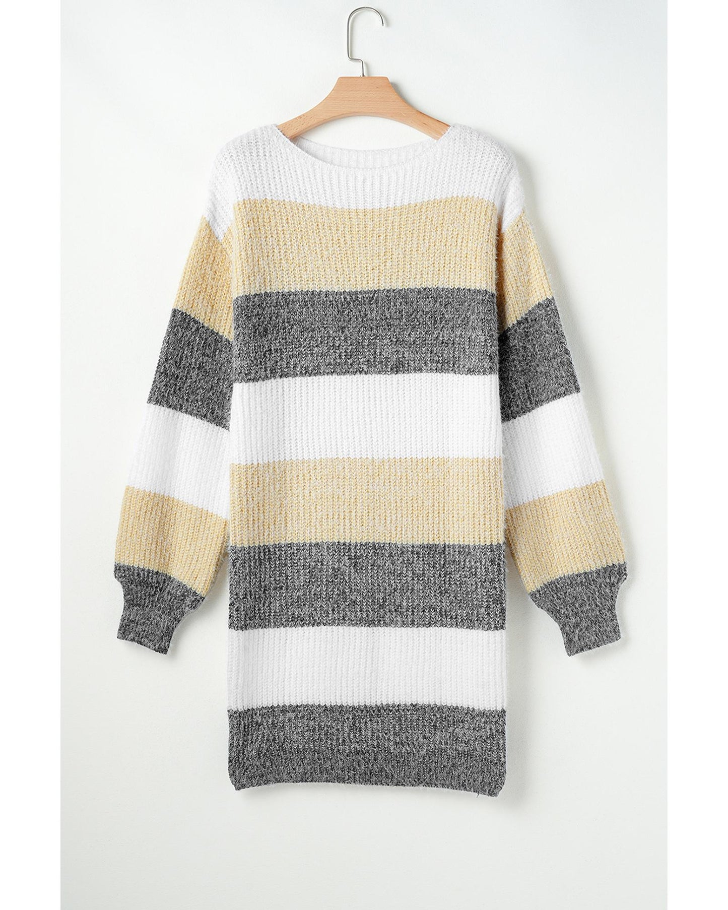 Gray Stripe Colorblock Bubble Sleeve Drop Shoulder Sweater Dress - L