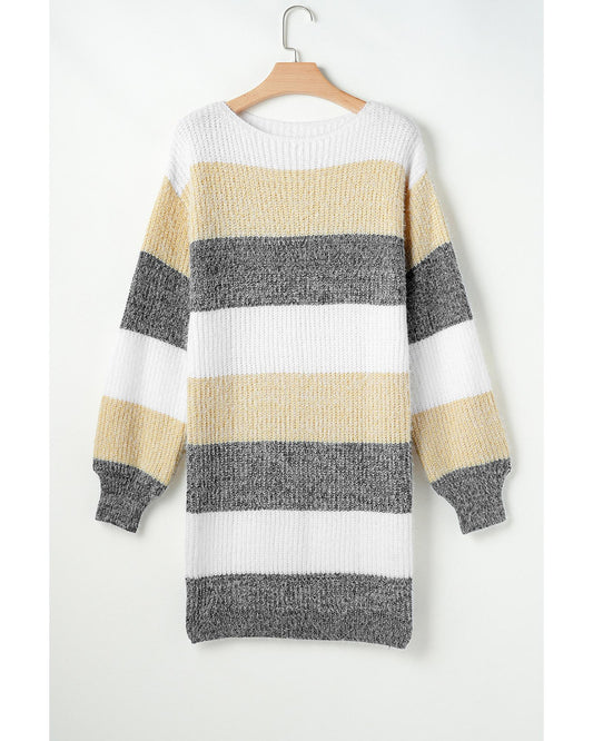 Gray Stripe Colorblock Bubble Sleeve Drop Shoulder Sweater Dress - L