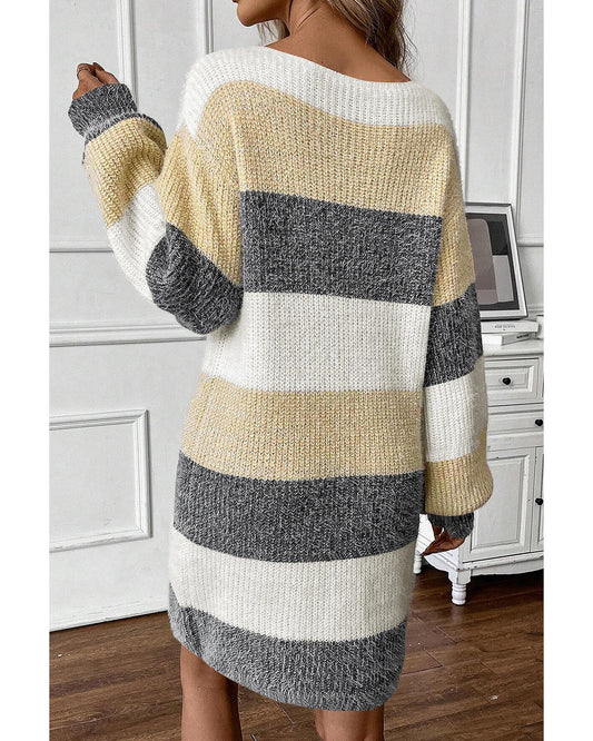 Gray Stripe Colorblock Bubble Sleeve Drop Shoulder Sweater Dress - XL