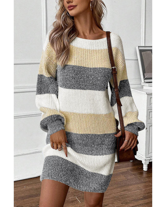Gray Stripe Colorblock Bubble Sleeve Drop Shoulder Sweater Dress - XL
