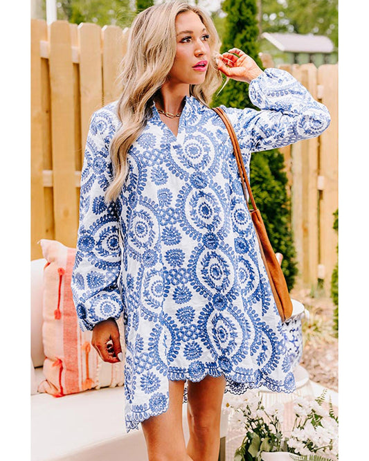 Blue Boho Floral Embroidered Notch V Neck Shift Mini Dress - L