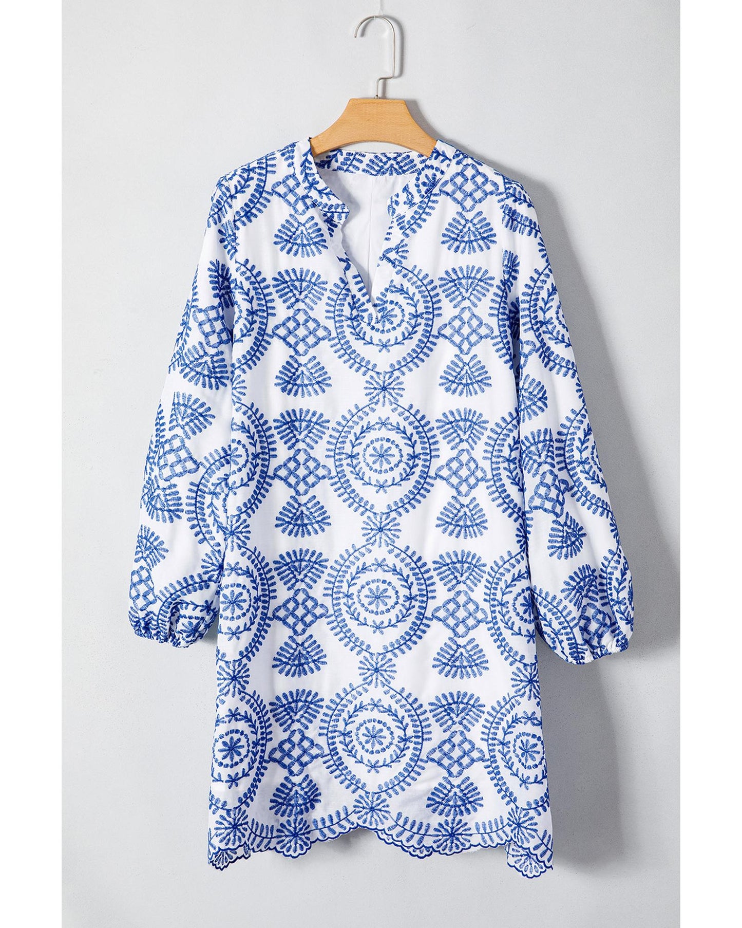 Blue Boho Floral Embroidered Notch V Neck Shift Mini Dress - L