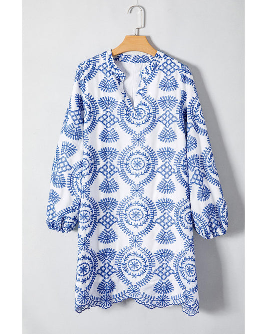 Blue Boho Floral Embroidered Notch V Neck Shift Mini Dress - L