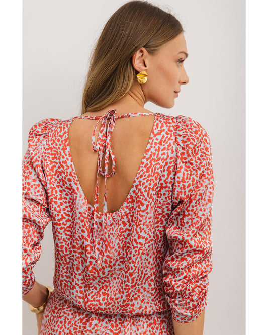 Tomato Red Leopard Print Long Sleeve Hollowed Back Split Mini Dress - L