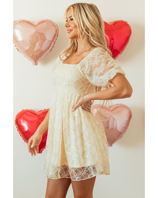 Apricot Sequined Lace Mesh Bubble Sleeve Square Neck Party Dress