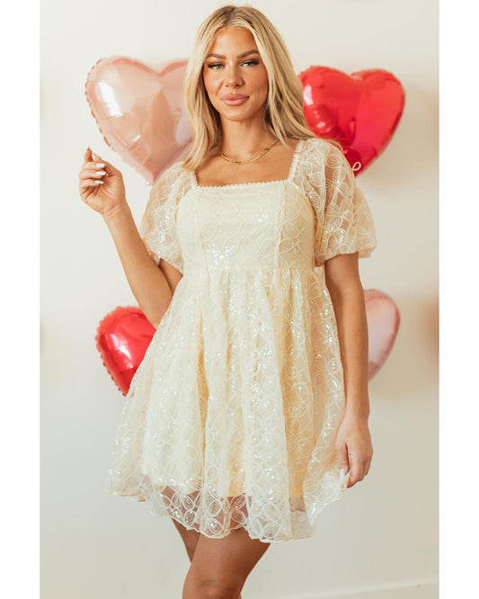 Apricot Sequined Lace Mesh Bubble Sleeve Square Neck Party Dress