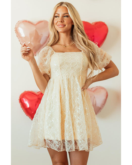 Apricot Sequined Lace Mesh Bubble Sleeve Square Neck Party Dress
