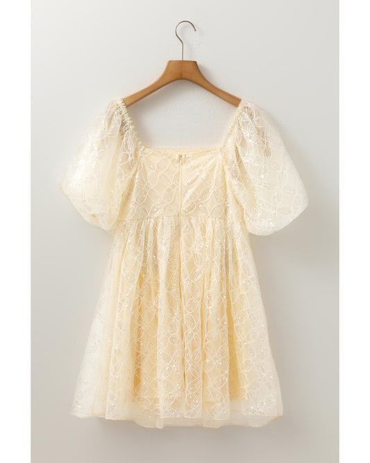 Apricot Sequined Lace Mesh Bubble Sleeve Square Neck Party Dress