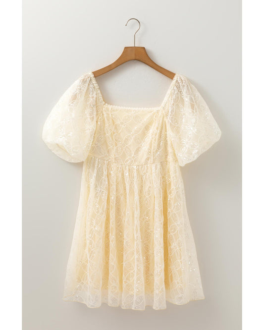 Apricot Sequined Lace Mesh Bubble Sleeve Square Neck Party Dress