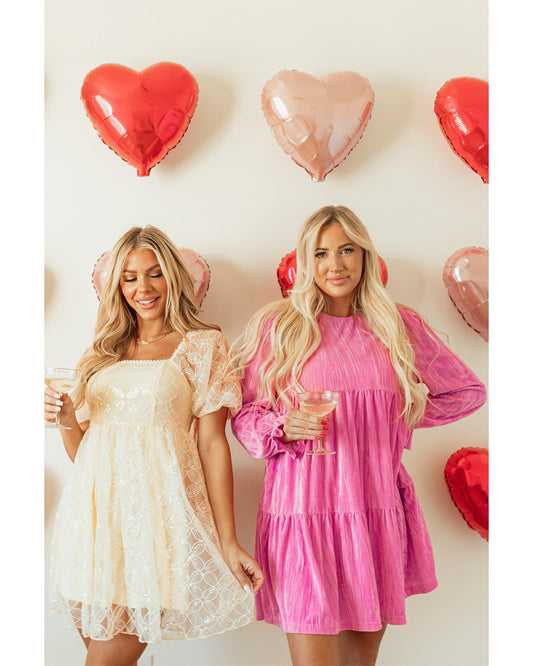 Apricot Sequined Lace Mesh Bubble Sleeve Square Neck Party Dress