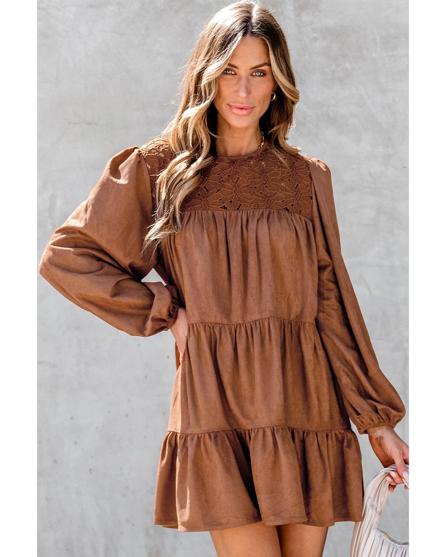 Chestnut Floral Lace Crochet Tiered Ruffled Mini Dress - XL