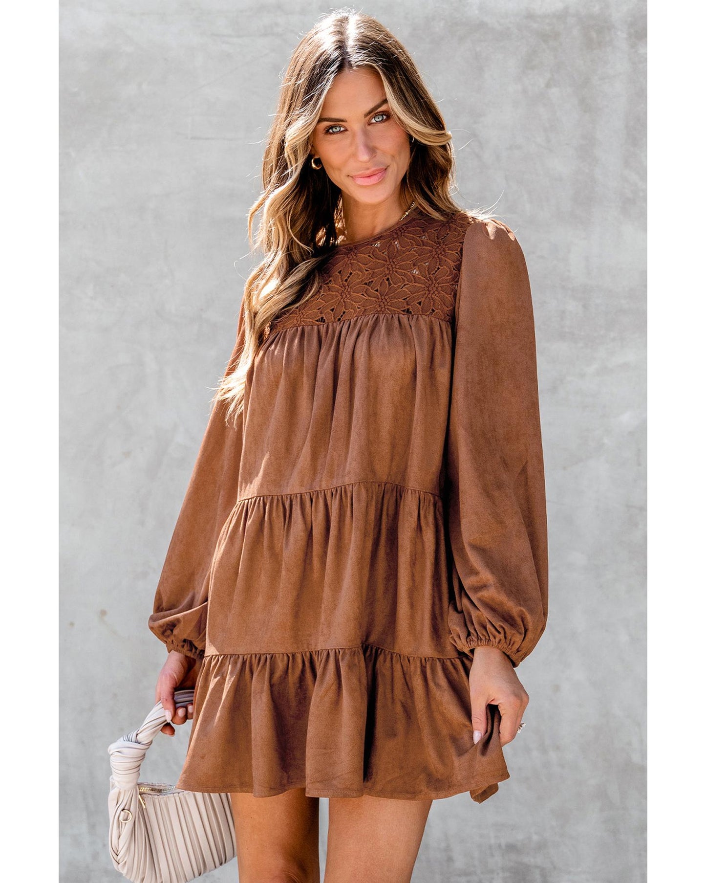 Chestnut Floral Lace Crochet Tiered Ruffled Mini Dress - XL