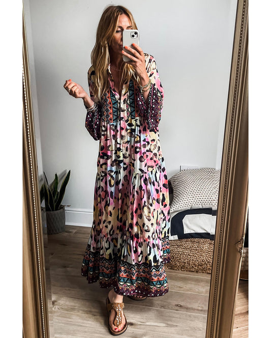 Pink Western Leopard Printed 3/4 Sleeve Buttoned Front Tiered Maxi Dress - S