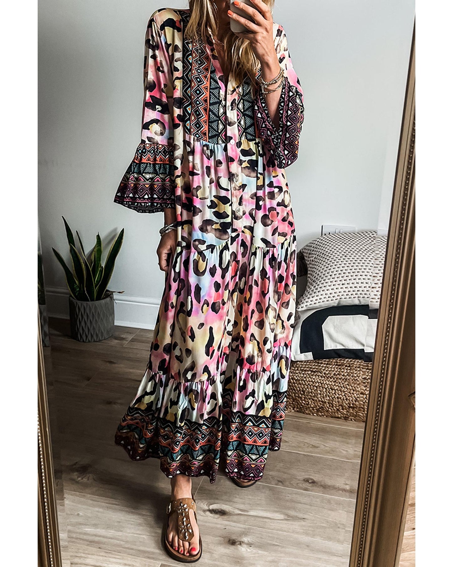 Pink Western Leopard Printed 3/4 Sleeve Buttoned Front Tiered Maxi Dress - S