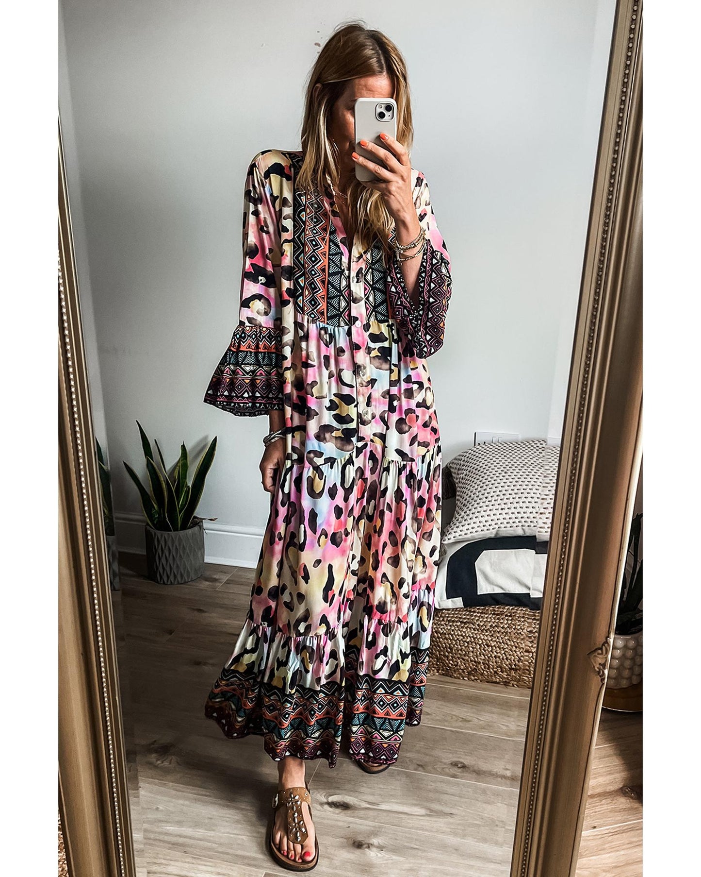 Pink Western Leopard Printed 3/4 Sleeve Buttoned Front Tiered Maxi Dress - S