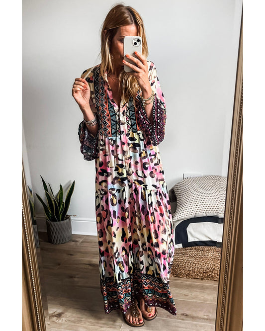 Pink Western Leopard Printed 3/4 Sleeve Buttoned Front Tiered Maxi Dress - S