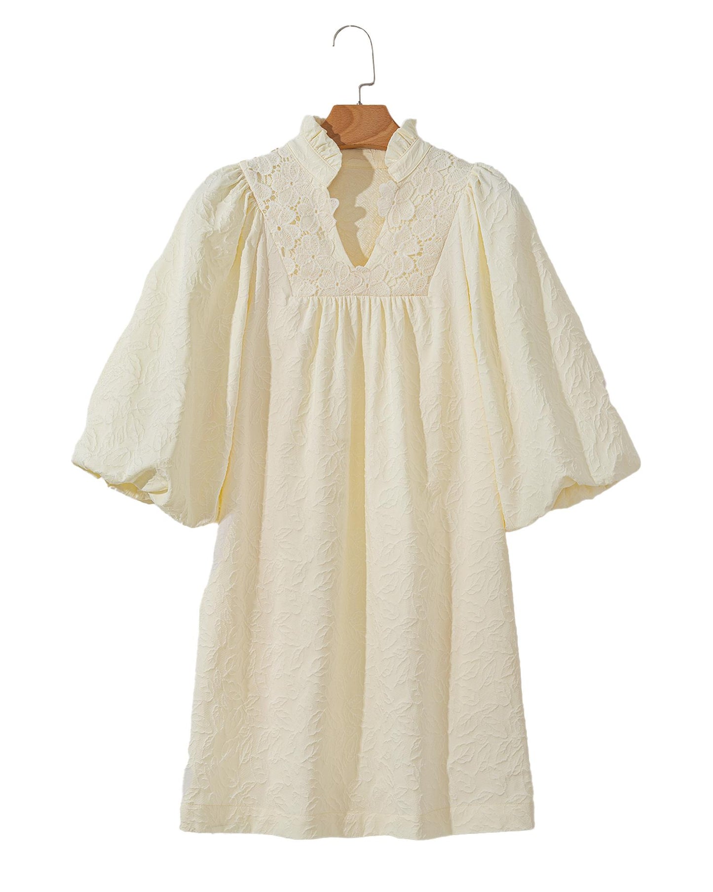 Women's Floral Textured Bubble Sleeve Frilled Notched Neck Dress