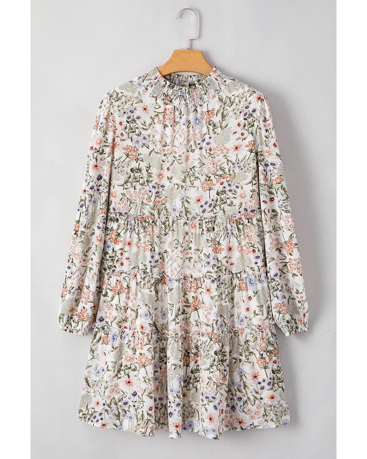 Green Floral Print Tiered Frilled Shirred Mock Neck Mini Dress - L