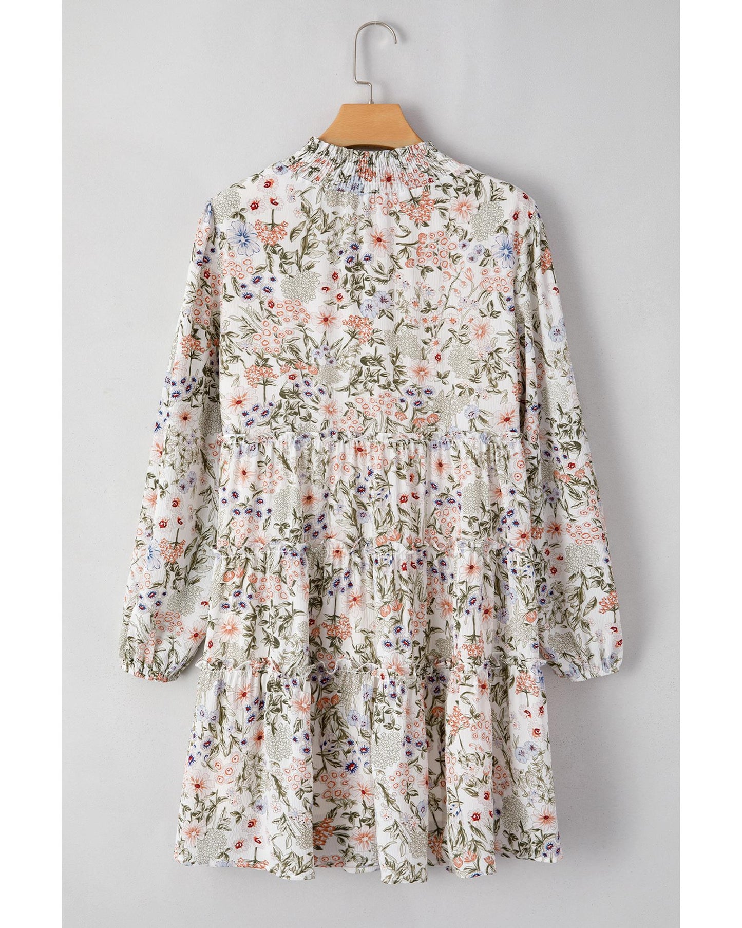 Green Floral Print Tiered Frilled Shirred Mock Neck Mini Dress - L