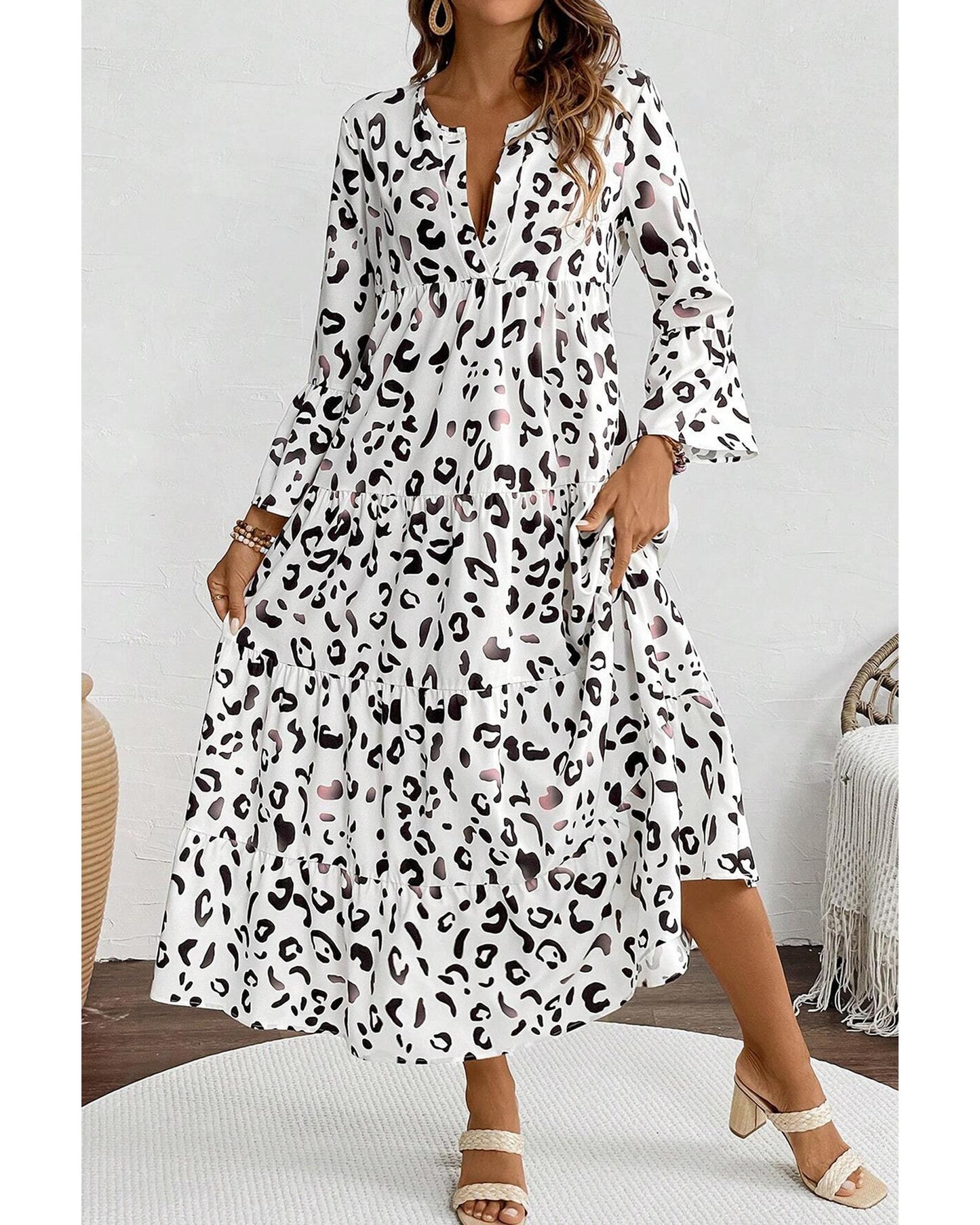 White Leopard Print Notch V Neck Loose Fit Maxi Dress - S