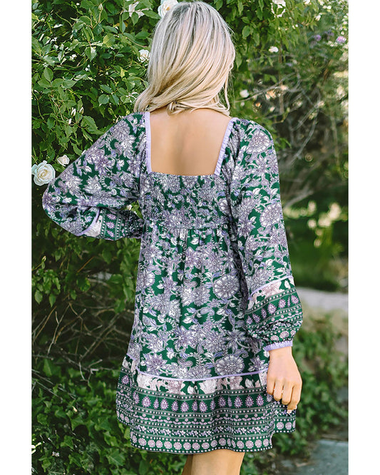 Green Floral Print Piping Trim Bubble Sleeve Square Neck Dress - L