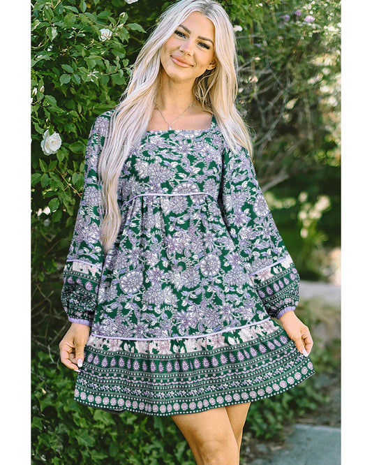 Green Floral Print Piping Trim Bubble Sleeve Square Neck Dress - L