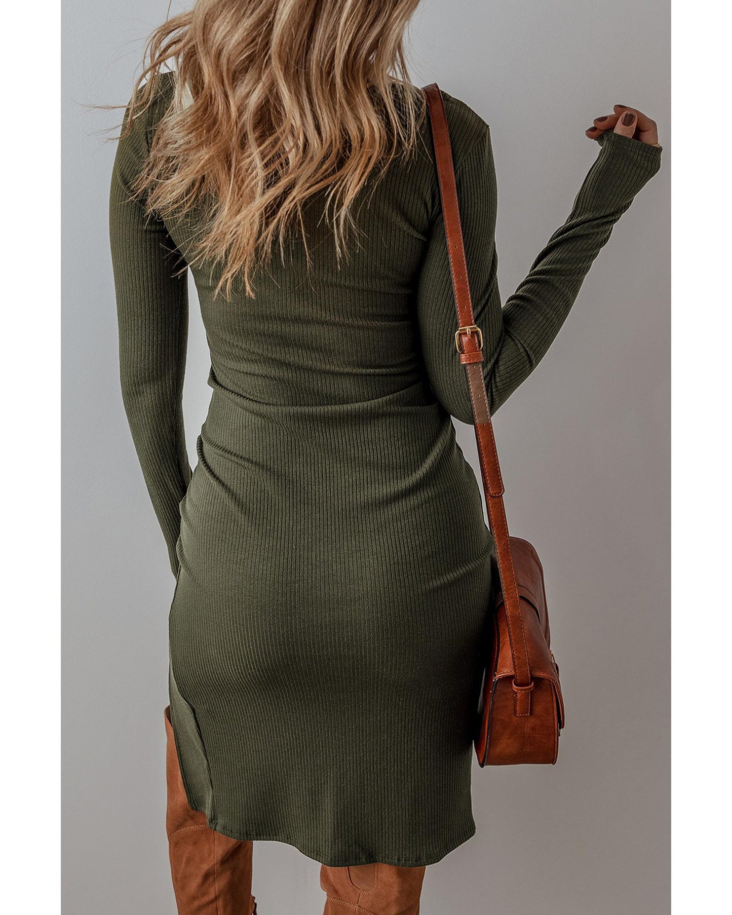 Jungle Green Ribbed Side Slit Ruched Slim Fit Long Sleeve Mini Dress - L
