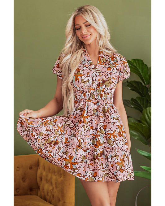 Puff Sleeve Shirred High Waist Mini Dress