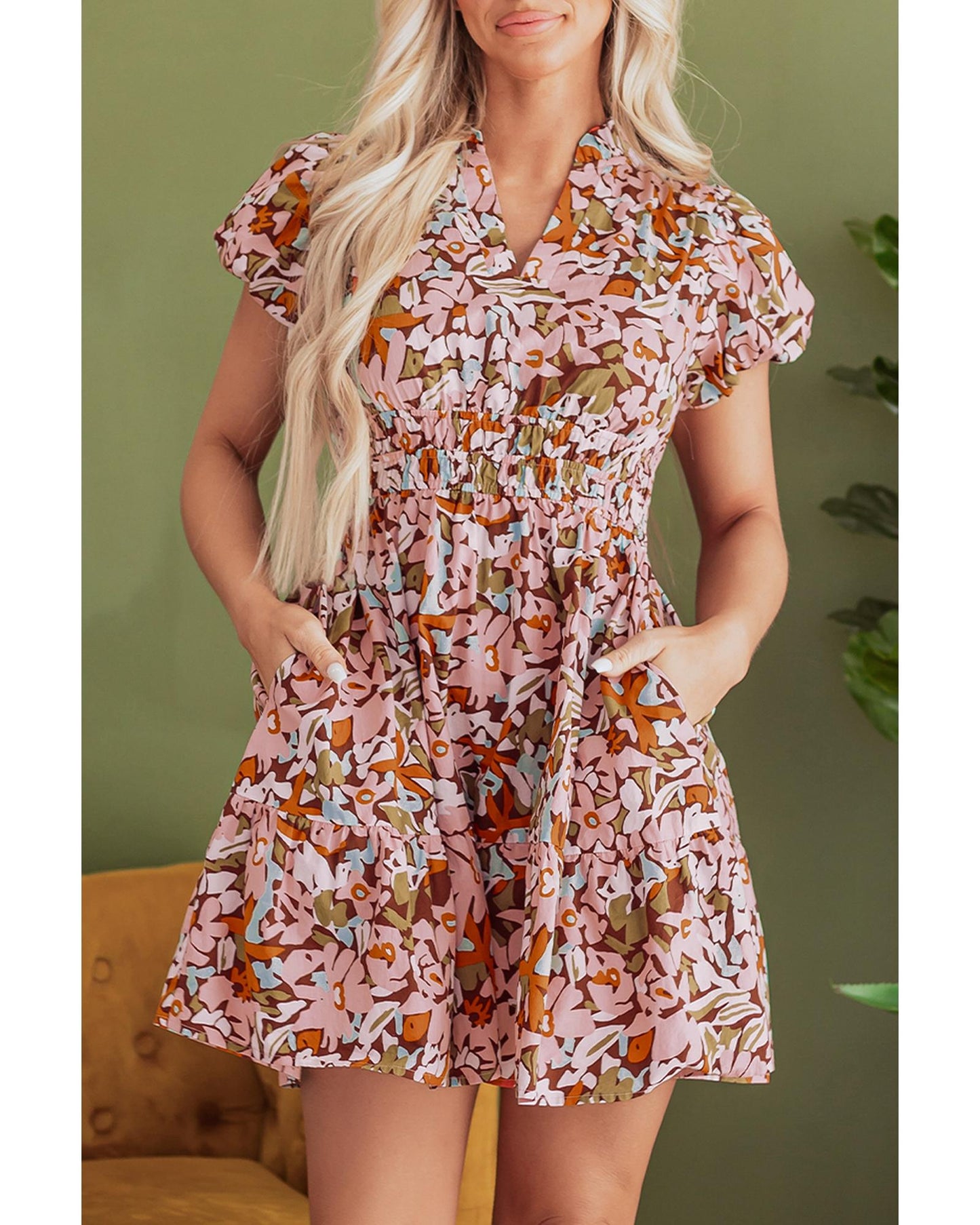 Puff Sleeve Shirred High Waist Mini Dress
