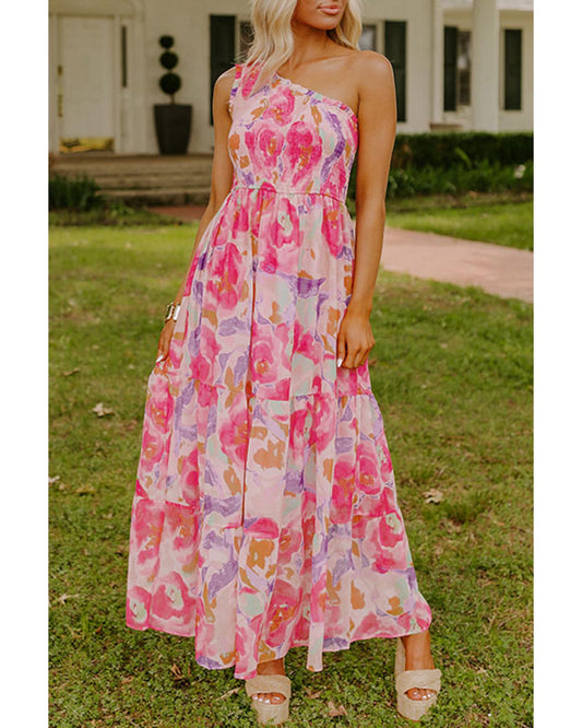 Pink Abstract Floral Print Shirred One Shoulder Maxi Dress